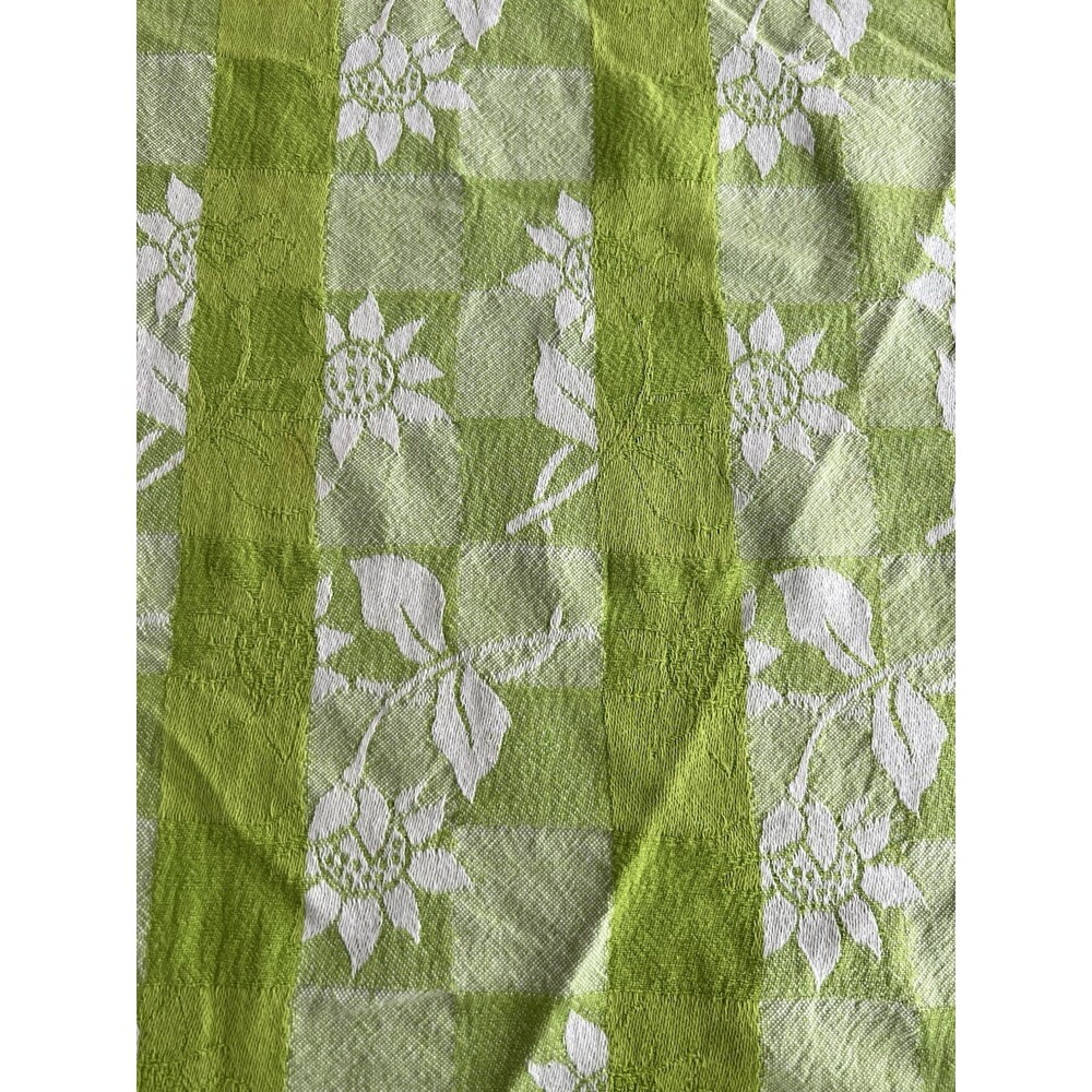 Round Tablecloth Bright Green Checkered Sun Flowers 100% Cotton